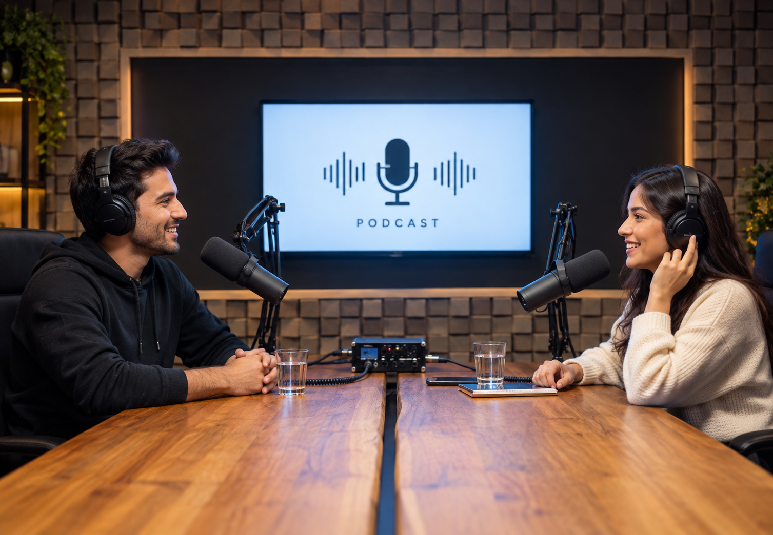 Podcast hosts recording an interview in a studio