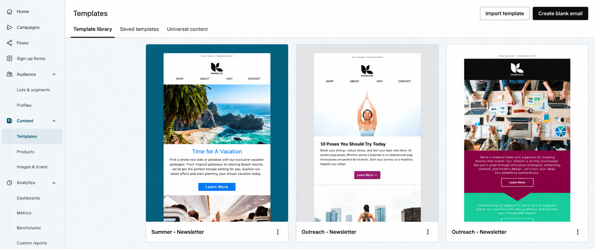Email marketing template library dashboard