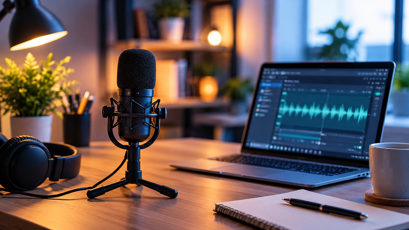 Podcast microphone and audio editing setup